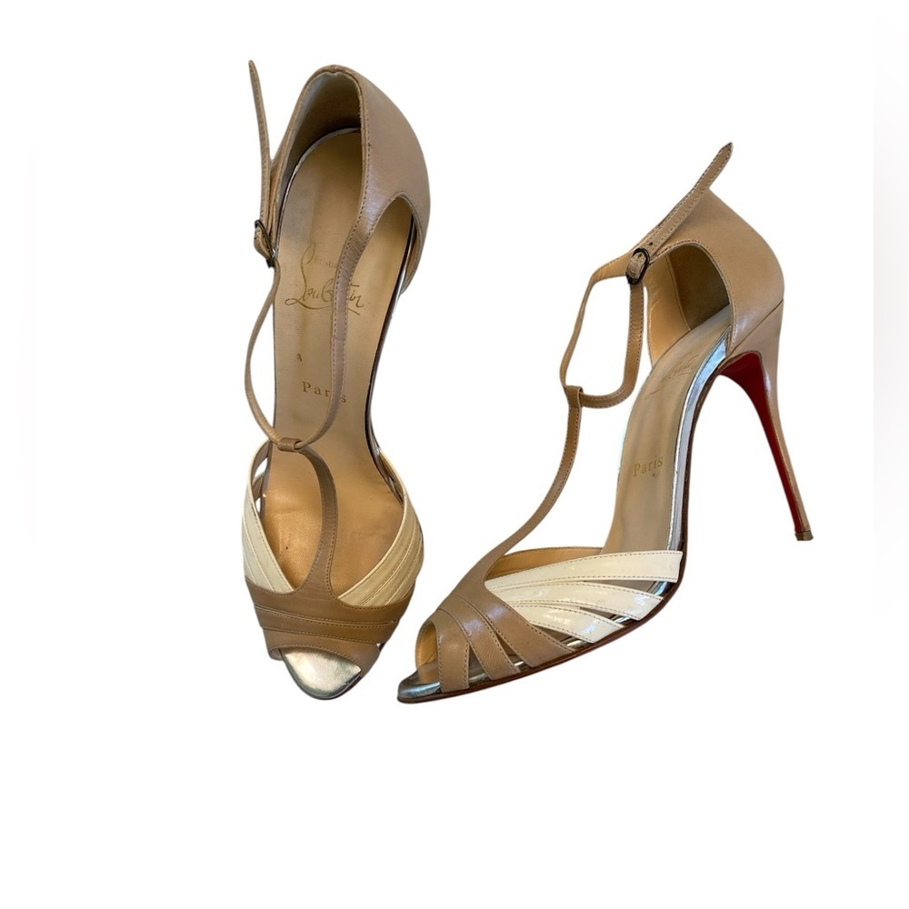 Christian Louboutin Tan and Cream Strappy Heels - Picture 2 of 11